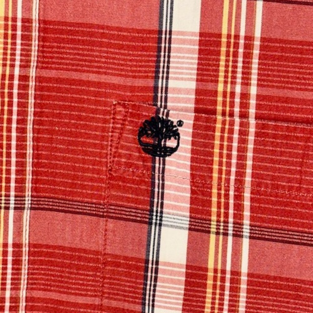 Timberland Men's short sleeve button up‎ logo shirt Large red plaid pattern - Picture 4 of 7